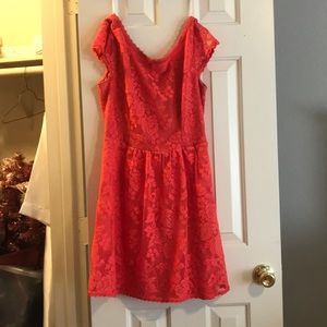Coral dress with lace overlay